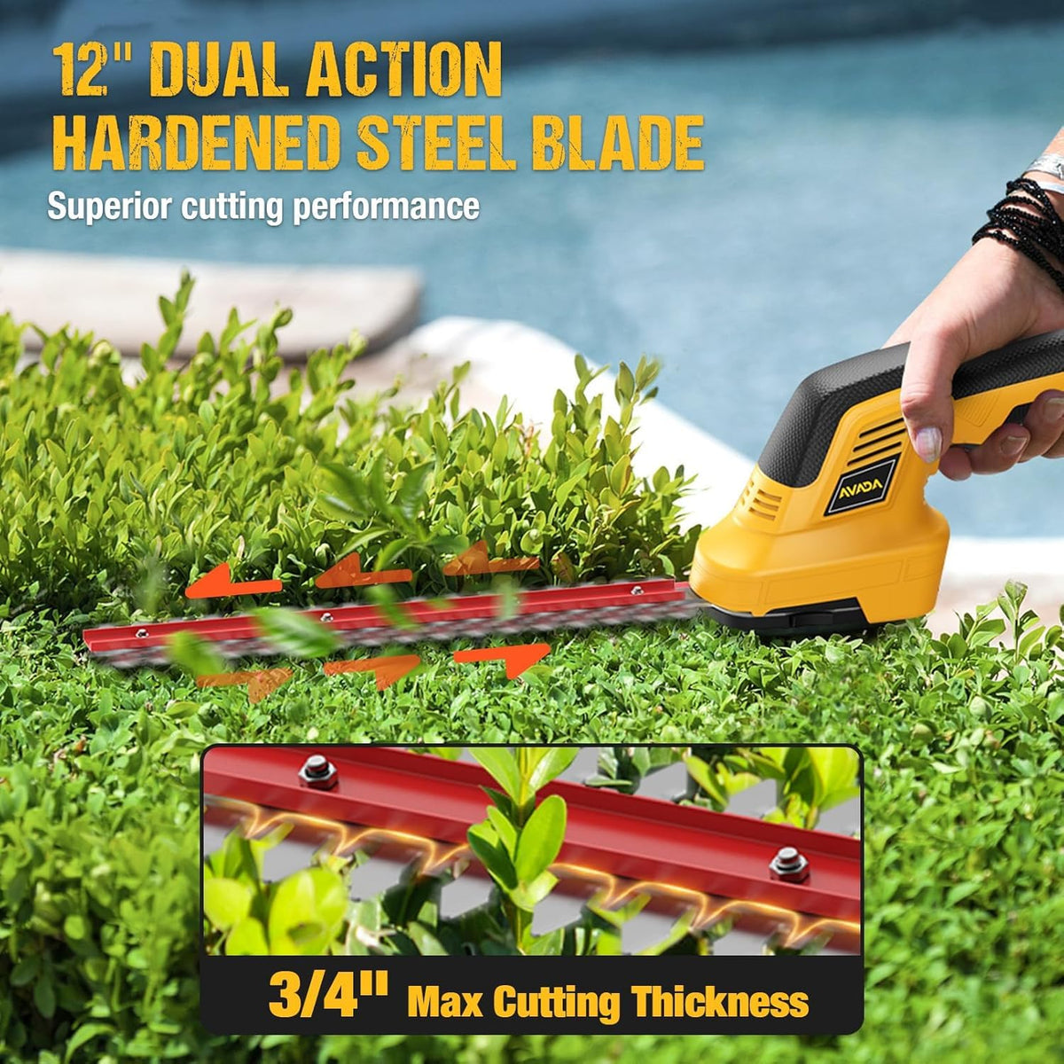 AVADA hedge trimmer with dual batteries for long-lasting power