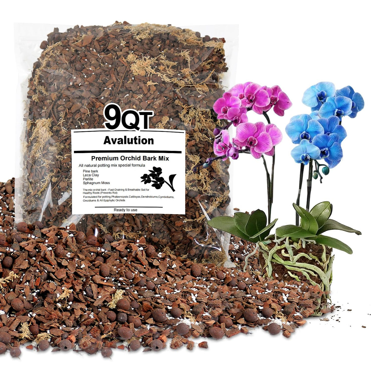 Avalution orchid bark potting mix bag ready for repotting and root health.