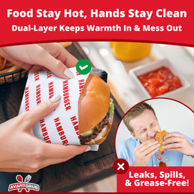 Avant Grub grease-proof wrappers prevent mess while serving burgers