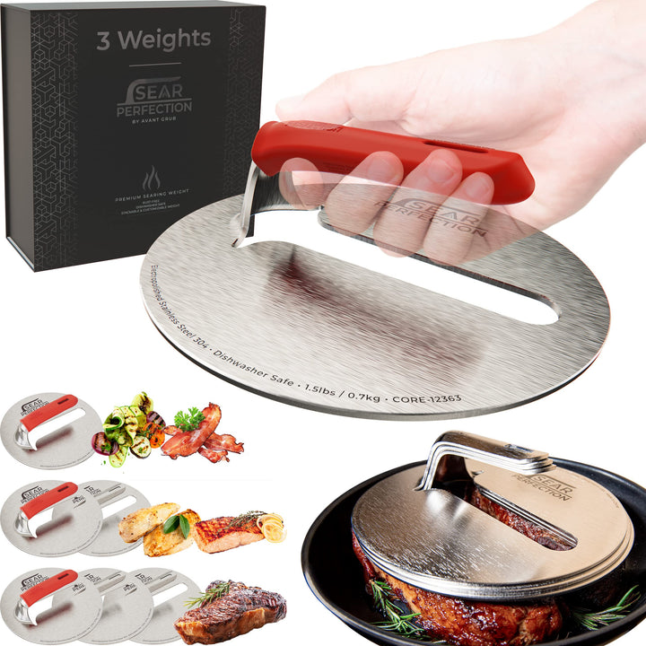 Avant Grub Sear Perfection 1.5 lb weight for bacon delivers flat, even browning