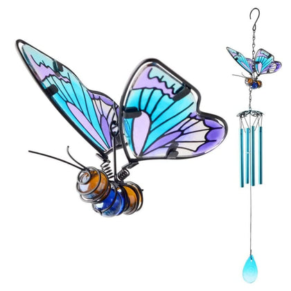 AVEKI Butterfly Wind Chimes with blue stained glass bring garden ambiance and gentle music.