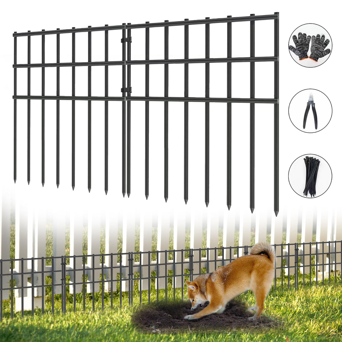 AveLotuug garden fence panel overview showing sturdy black steel design for garden protection.