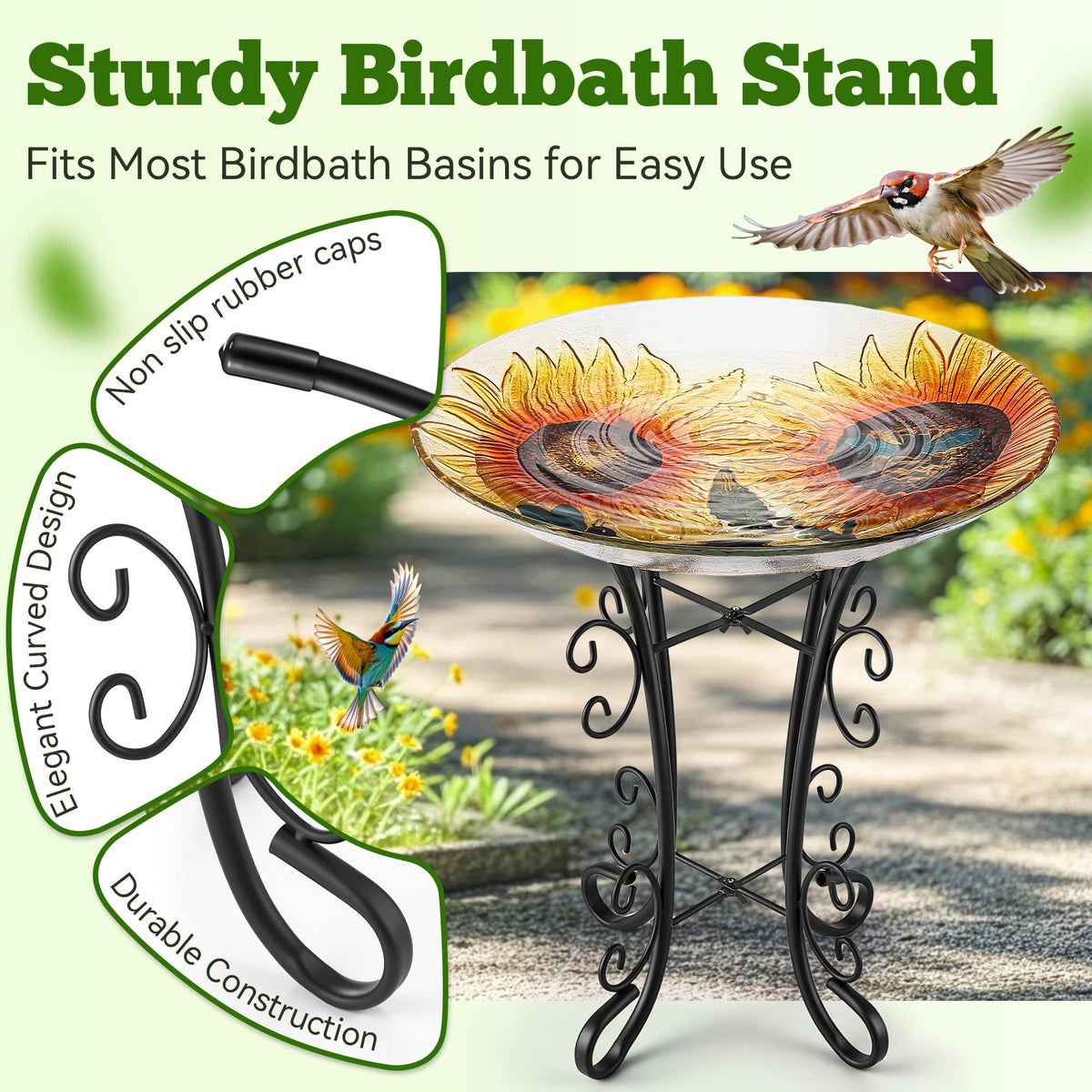 Matte black Avenuebool garden decor with birdbath stand.