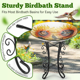 Matte black Avenuebool garden decor with birdbath stand.