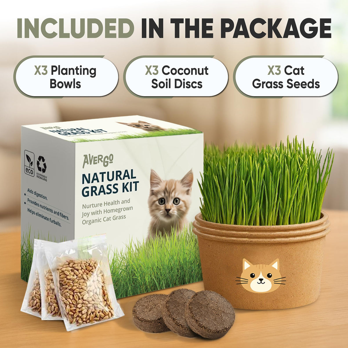 AVERGO cat grass kit packaging; clear contents for simple assembly.