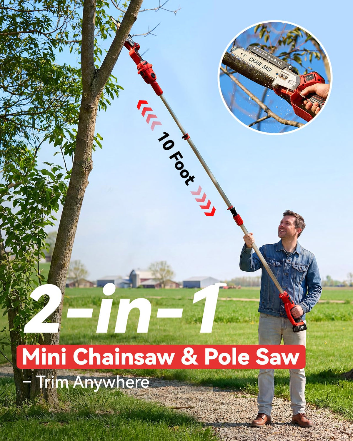 Avhrit extended-reach pole saw reaches 15 ft for high branches.