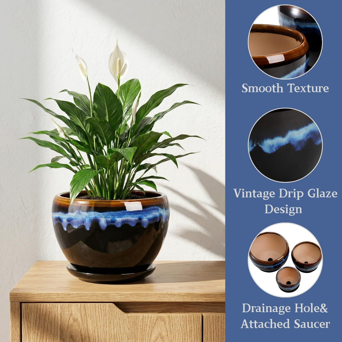AVLA pots with attached saucer and drainage view