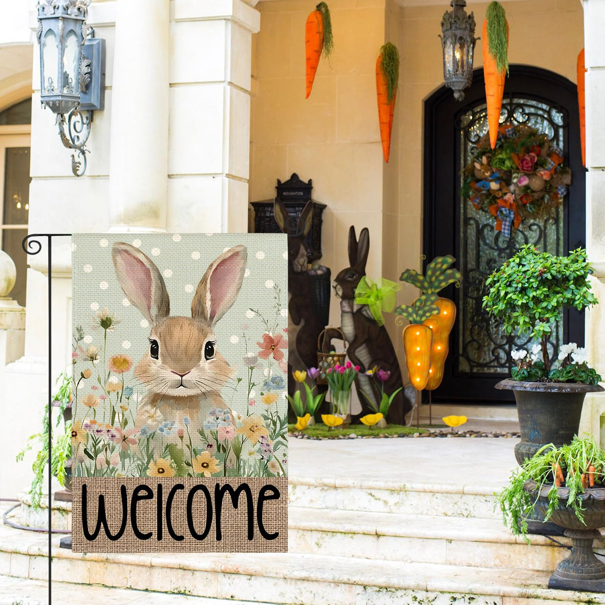 AVOIN colorlife blue welcome floral flag enhances porch greeting outdoors.