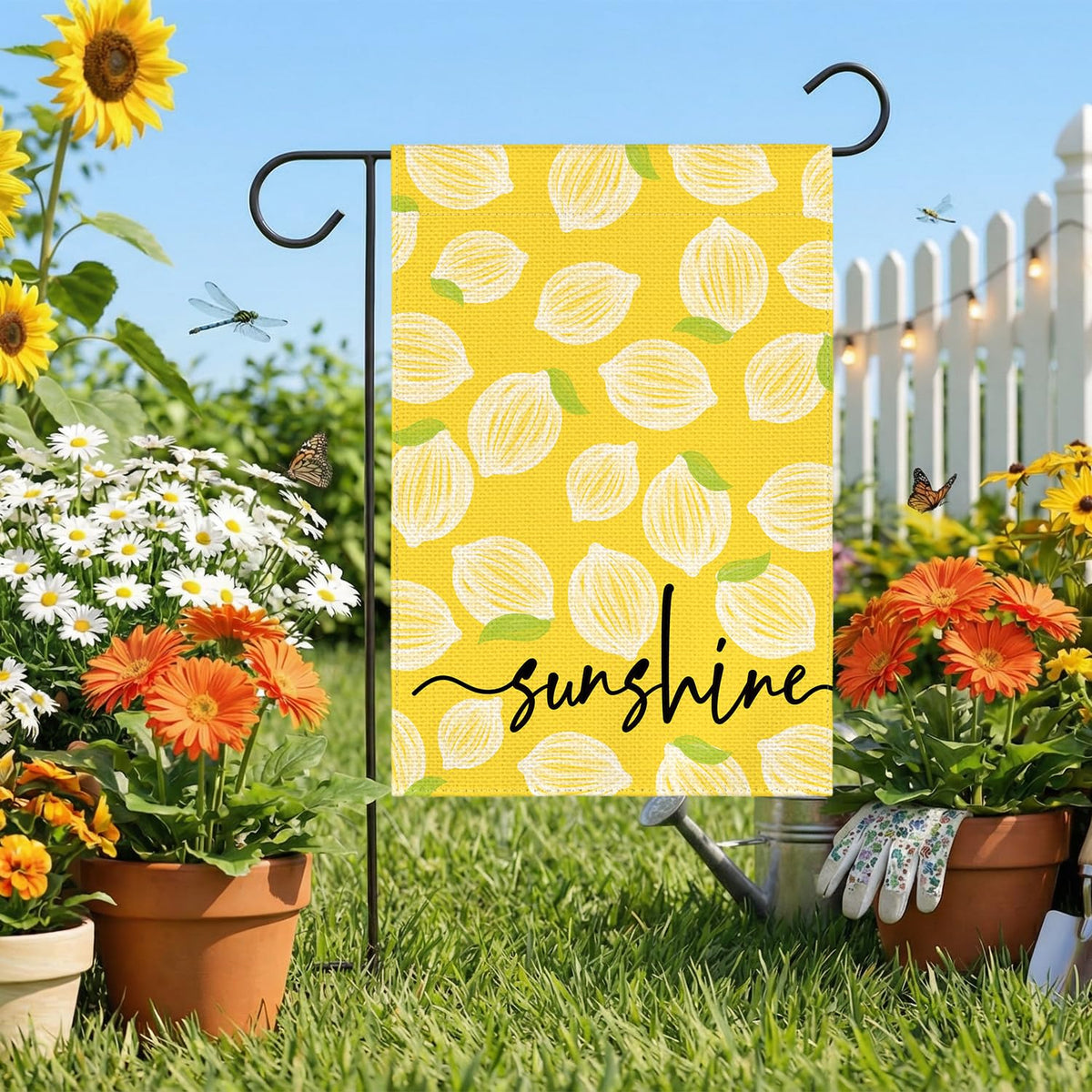 AVOIN colorlife Burlap-style outdoor flag enhances garden decor with lemon motif.