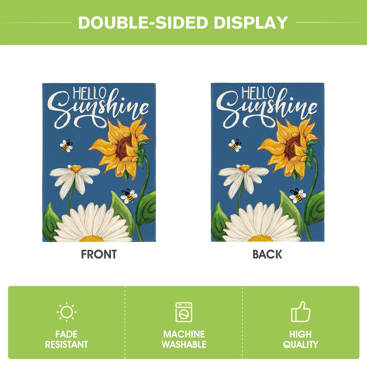 AVOIN colorlife Daisy Sunflower flag closeup highlights neat stitching.