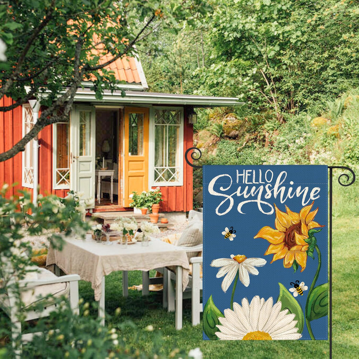 AVOIN colorlife Daisy Sunflower flag on patio adds cheerful outdoor charm.