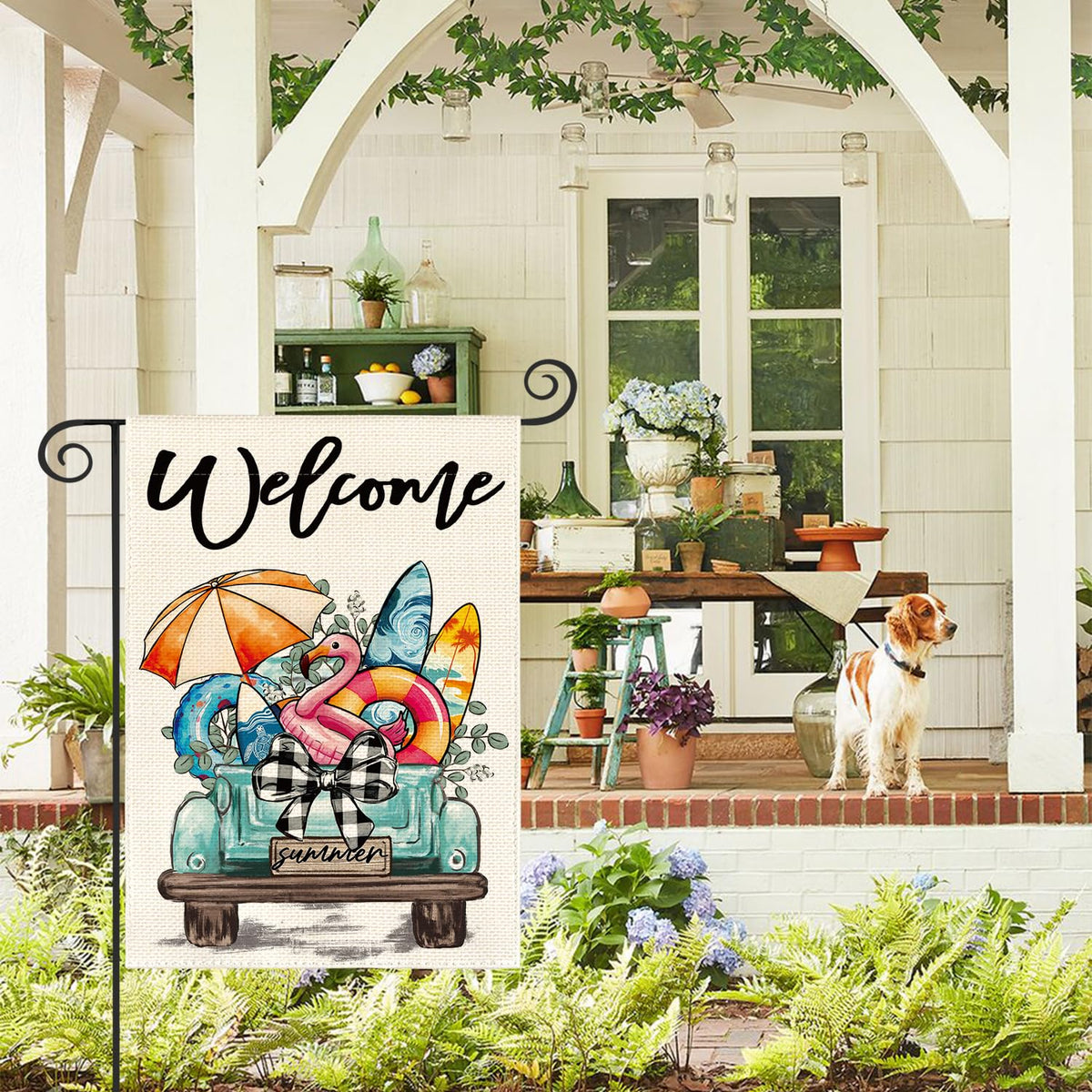 AVOIN colorlife 12x18 flag features a cheerful beach truck flamingo for seasonal yard decor.