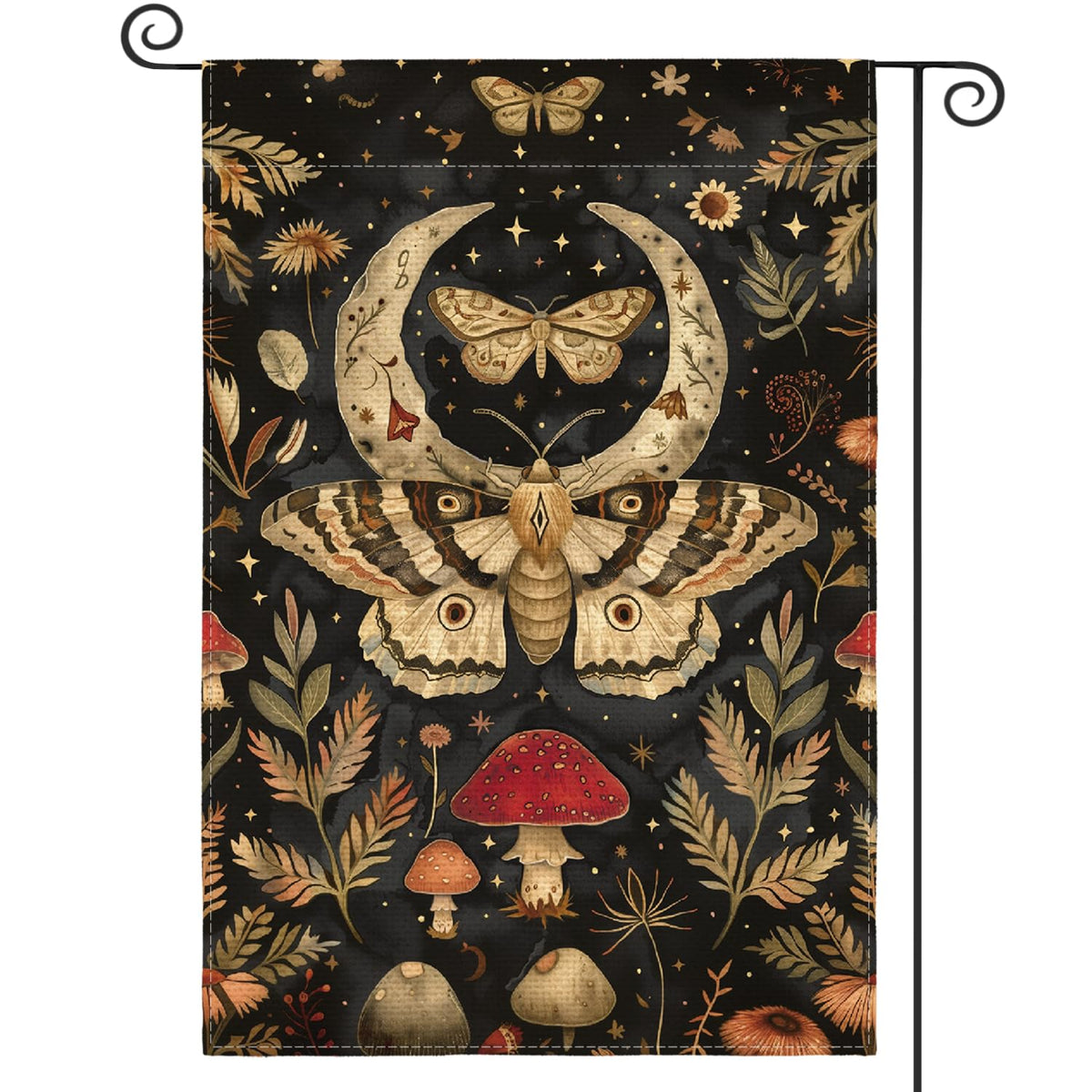 AVOIN colorlife forest garden flag front view with mushroom, moon, and moth design