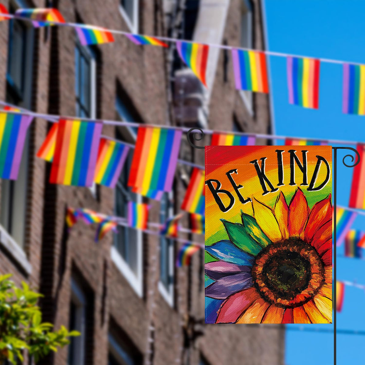 AVOIN colorlife Be Kind Pride Sunflower flag detail highlights double-sided visibility.