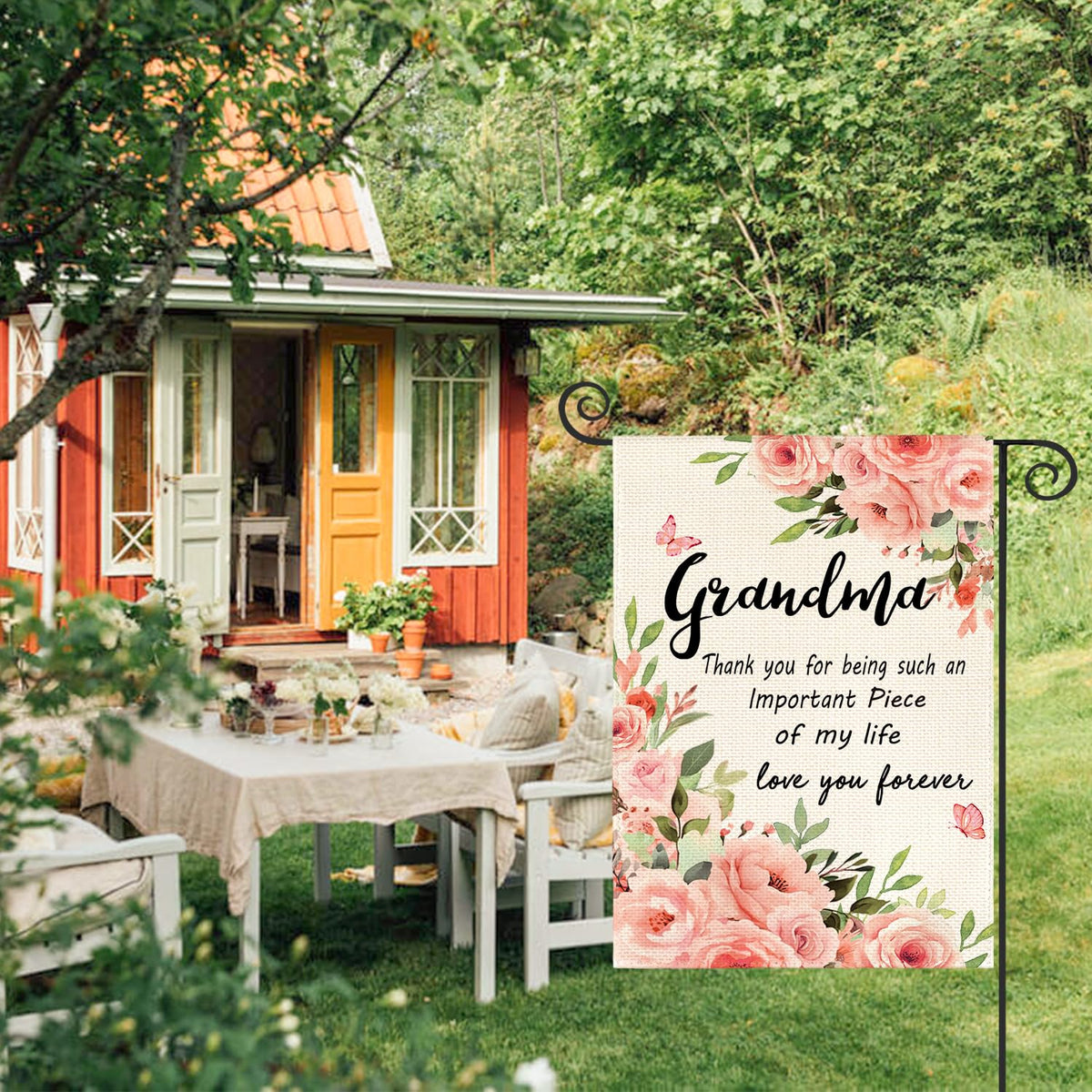 AVOIN colorlife grandma garden flag back view shows double-sided readability on both sides.