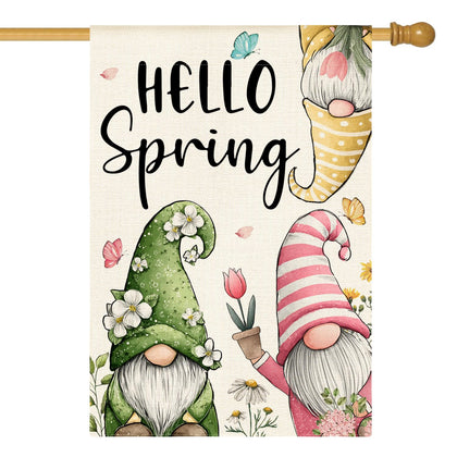 AVOIN colorlife Hello Spring flag front view with floral gnomes to welcome guests on your porch