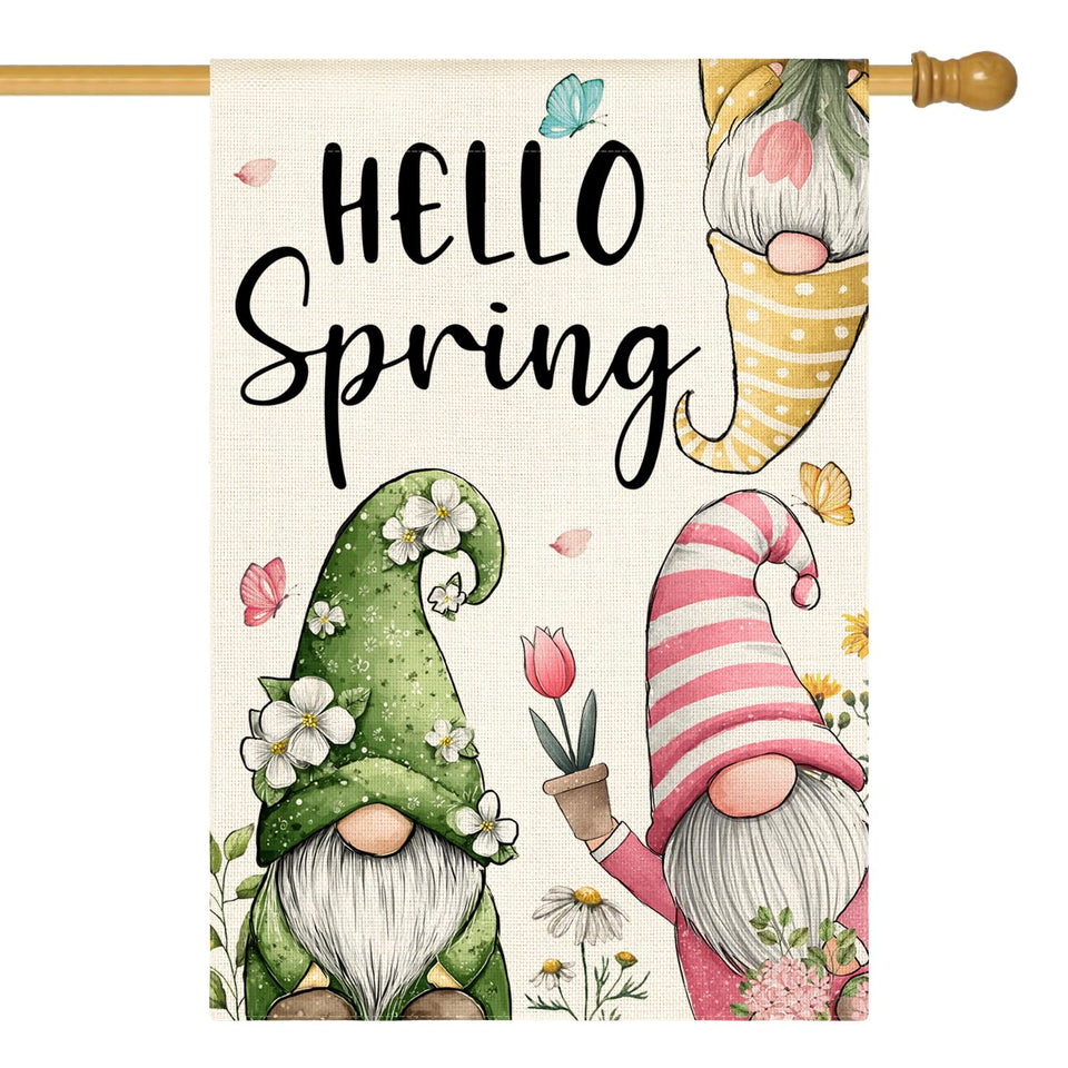 AVOIN colorlife Hello Spring flag front view with floral gnomes to welcome guests on your porch