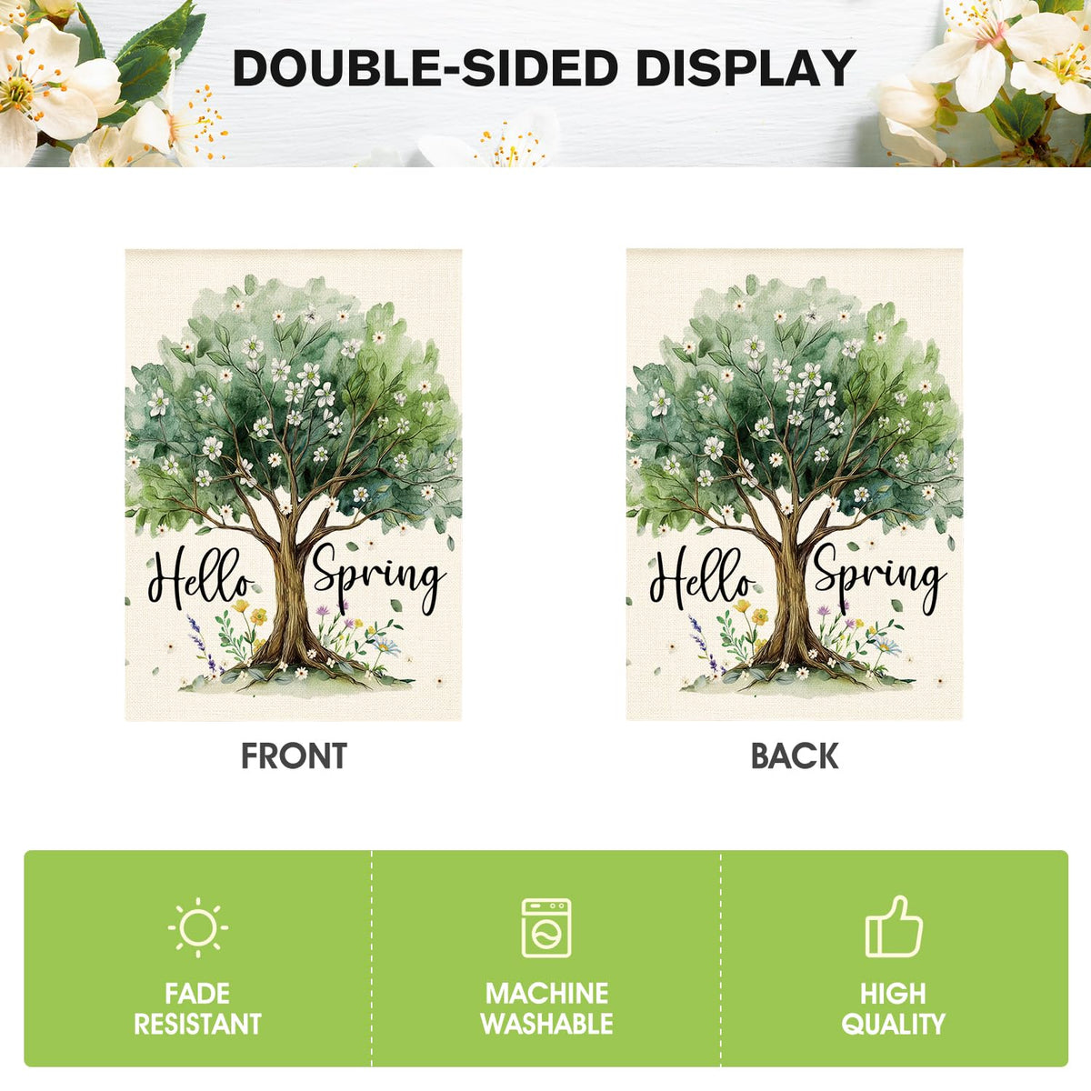 AVOIN colorlife Hello Spring flag outdoor yard scene with rustic seasonal decor