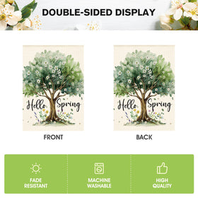 AVOIN colorlife Hello Spring flag outdoor yard scene with rustic seasonal decor
