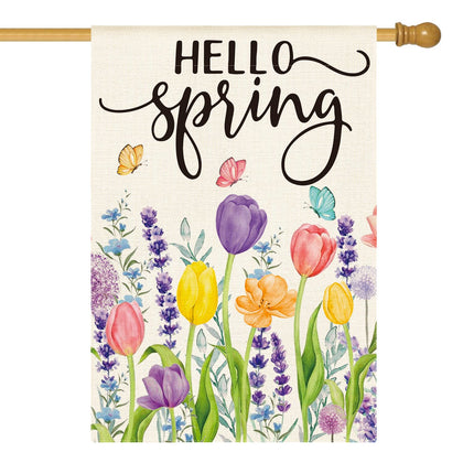 AVOIN colorlife Hello Spring flag shows tulips and lavender for welcoming garden decor.