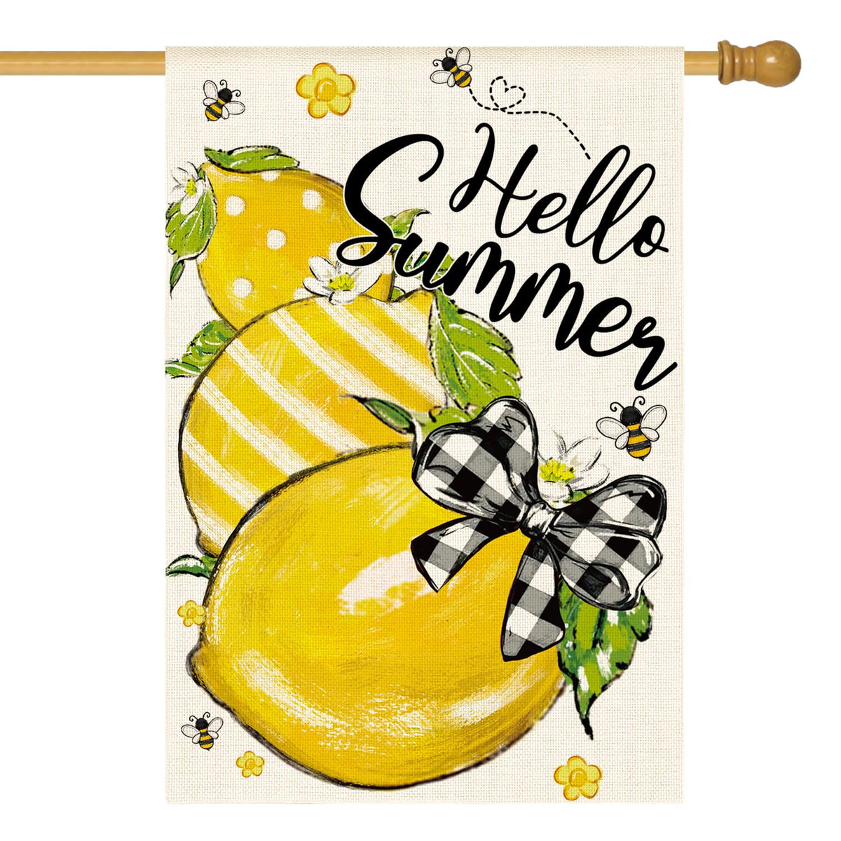 AVOIN colorlife Hello Summer flag front view, lemon bee motif adds rustic outdoor charm.