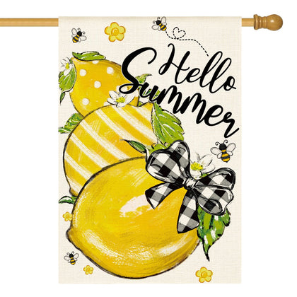 AVOIN colorlife Hello Summer flag front view, lemon bee motif adds rustic outdoor charm.
