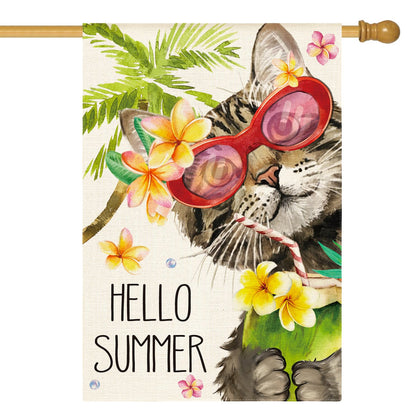 AVOIN colorlife Hello Summer Floral Cat flag 28x40, vibrant seasonal design for outdoor patios and gardens.