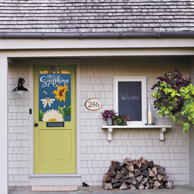 AVOIN colorlife Hello Sunshine flag on a porch, ready for outdoor display.
