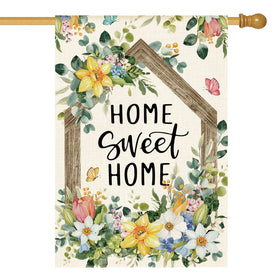 AVOIN colorlife Home Sweet Home flag front view with spring eucalyptus for porch welcome.