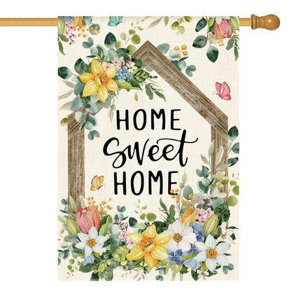 AVOIN colorlife Home Sweet Home flag front view with spring eucalyptus for porch welcome.