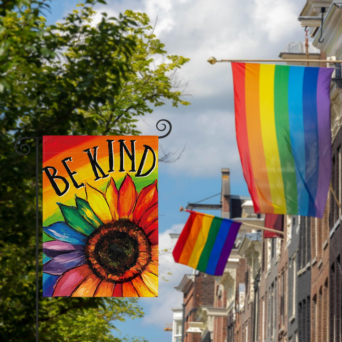 AVOIN colorlife Be Kind Pride Sunflower flag back reveals cheerful rainbow message.