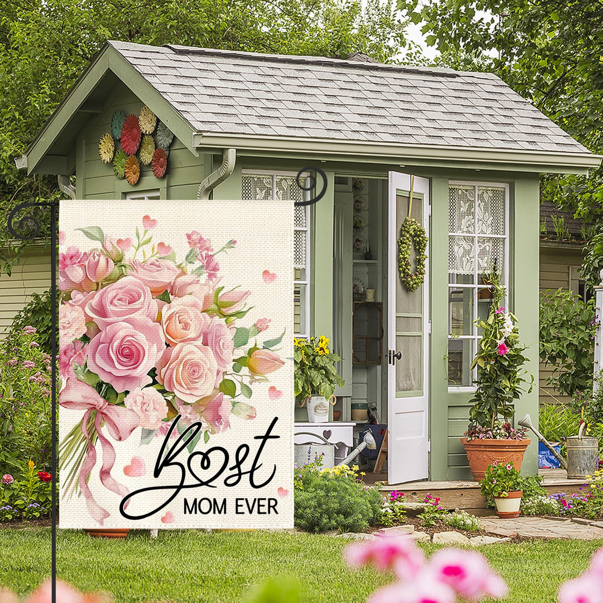 AVOIN colorlife garden flag hanging on a flagpole for porch or patio