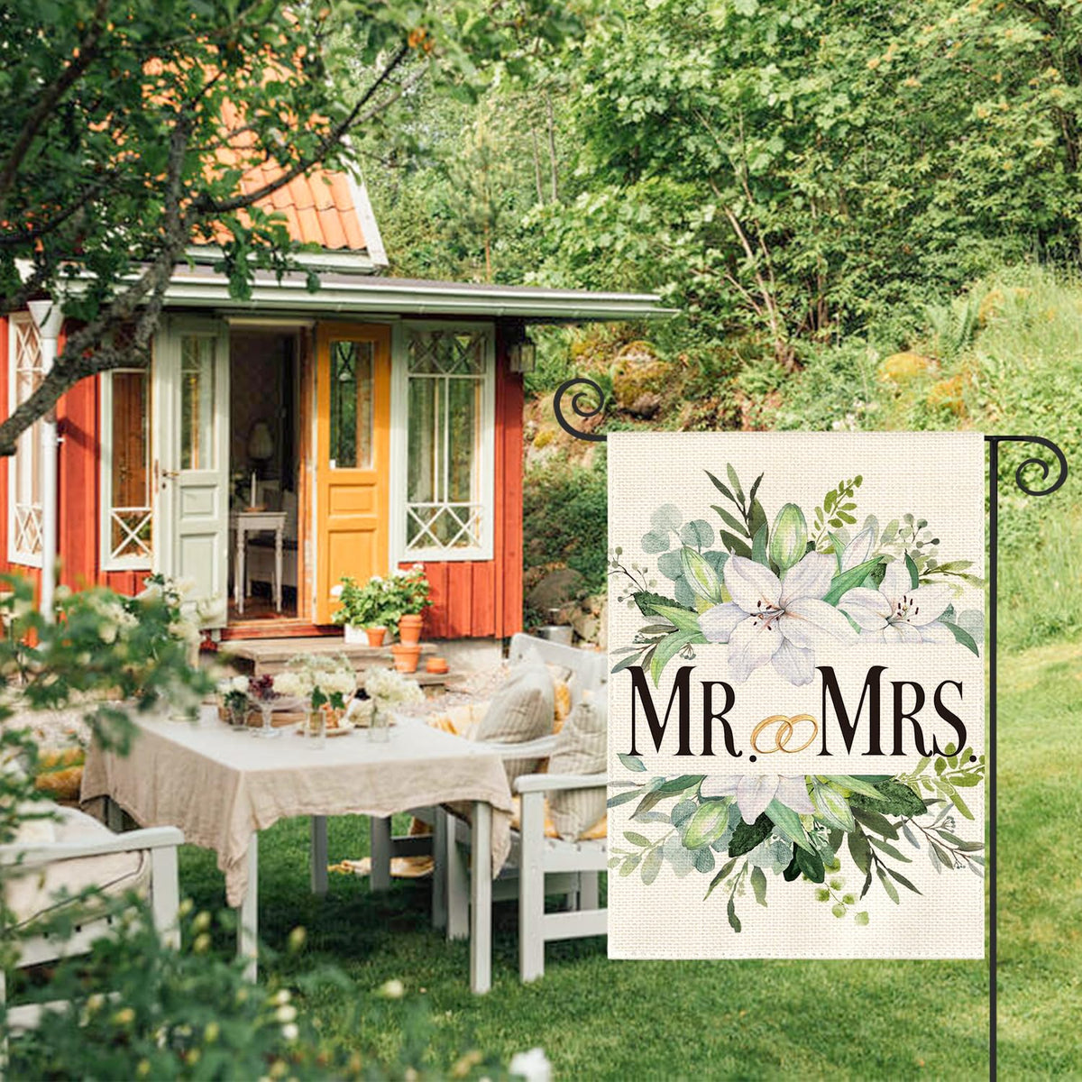 AVOIN colorlife MR. & MRS. wedding flag back view, floral motif visible from both sides