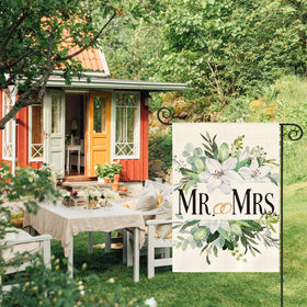 AVOIN colorlife MR. & MRS. wedding flag back view, floral motif visible from both sides
