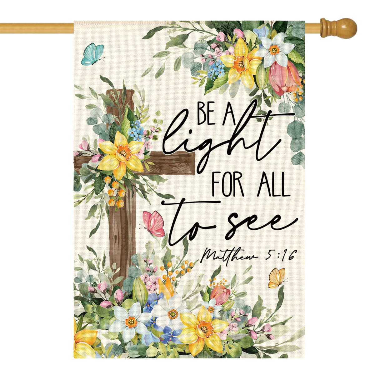 AVOIN colorlife flag with eucalyptus front, welcoming outdoors.