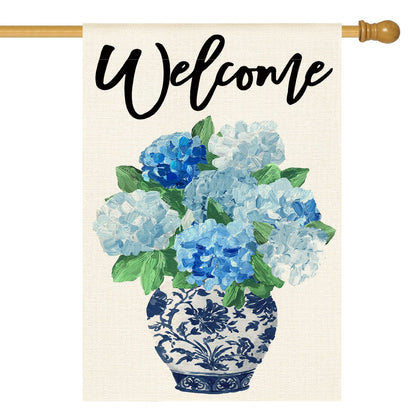 AVOIN colorlife Spring Hydrangea Welcome flag front view adds seasonal curb appeal to entryways.