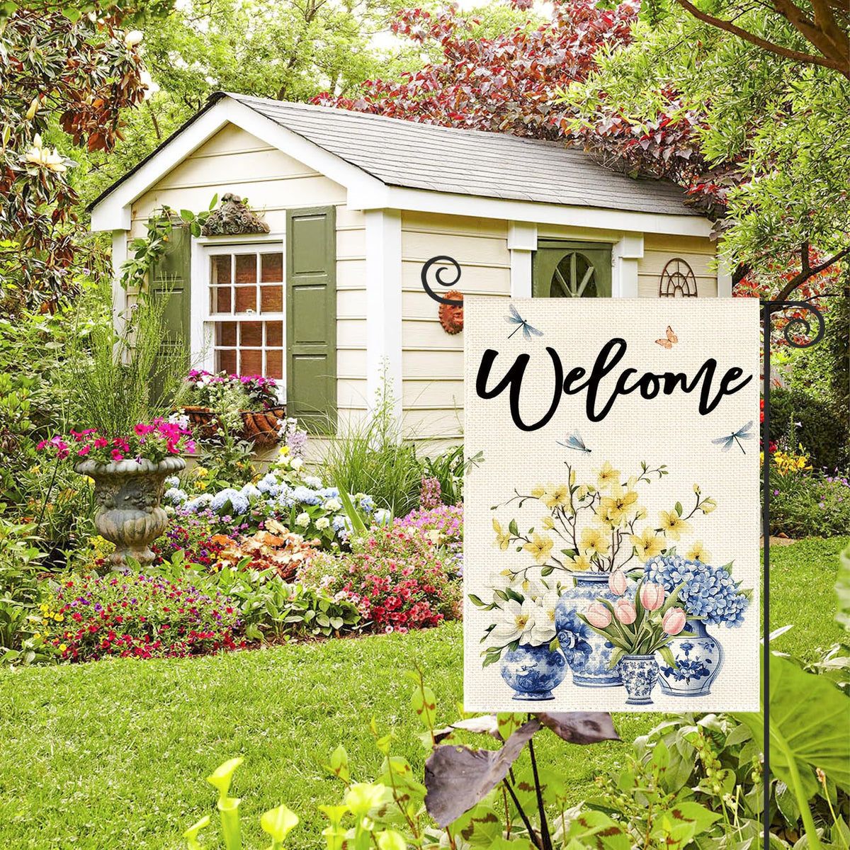 AVOIN colorlife blue and white chinoiserie floral motif enhances entryway