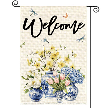 AVOIN colorlife floral welcome flag front view for seasonal outdoor decor