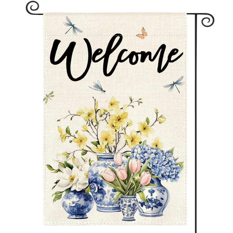 AVOIN colorlife floral welcome flag front view for seasonal outdoor decor