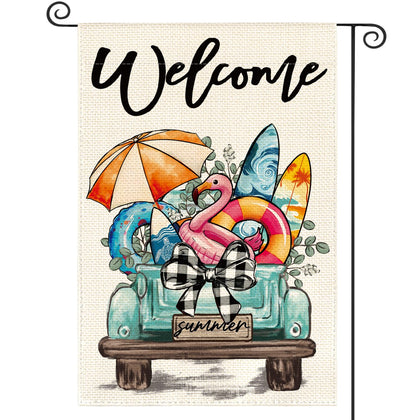 AVOIN colorlife Summer Beach Flamingo flag on burlap welcomes guests at the porch.