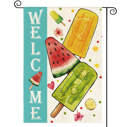 AVOIN colorlife Summer Popsicles garden flag front view showing vibrant color and welcome message