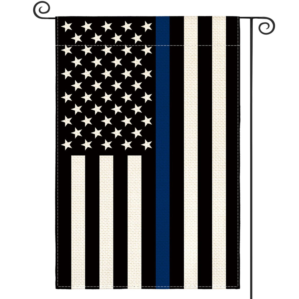 AVOIN colorlife Thin Blue Line flag on a front porch for durable outdoor decor.