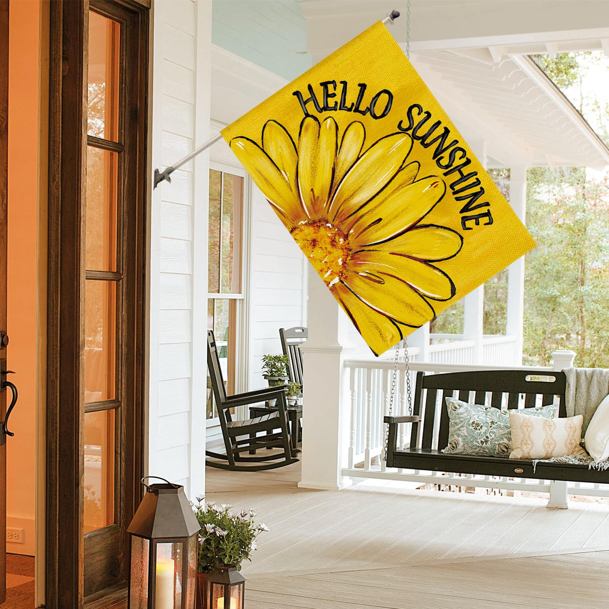 Weather-resistant polyester material used for durable outdoor display.
