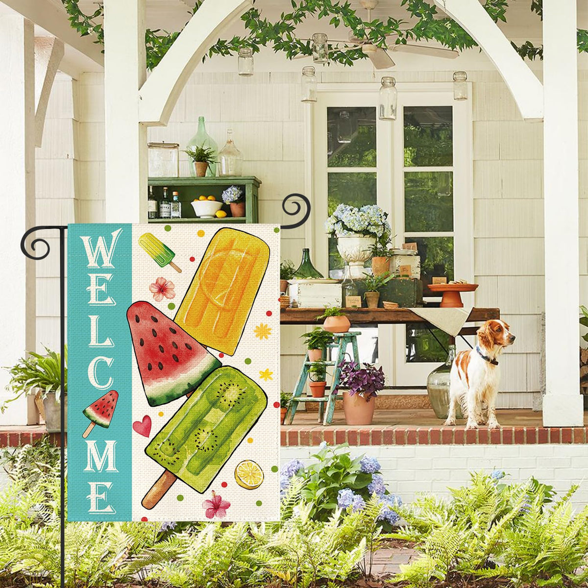 AVOIN colorlife welcome seasonal burlap flag displayed on porch for curb appeal