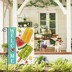 AVOIN colorlife welcome seasonal burlap flag displayed on porch for curb appeal