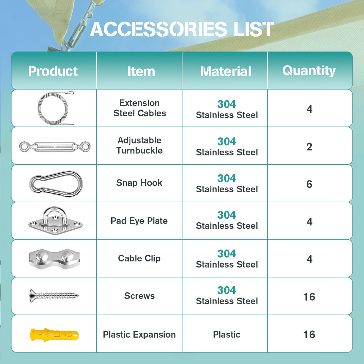 Avolend shade sail hardware kit showing snap hooks for quick connections.