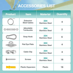 Avolend shade sail hardware kit showing snap hooks for quick connections.