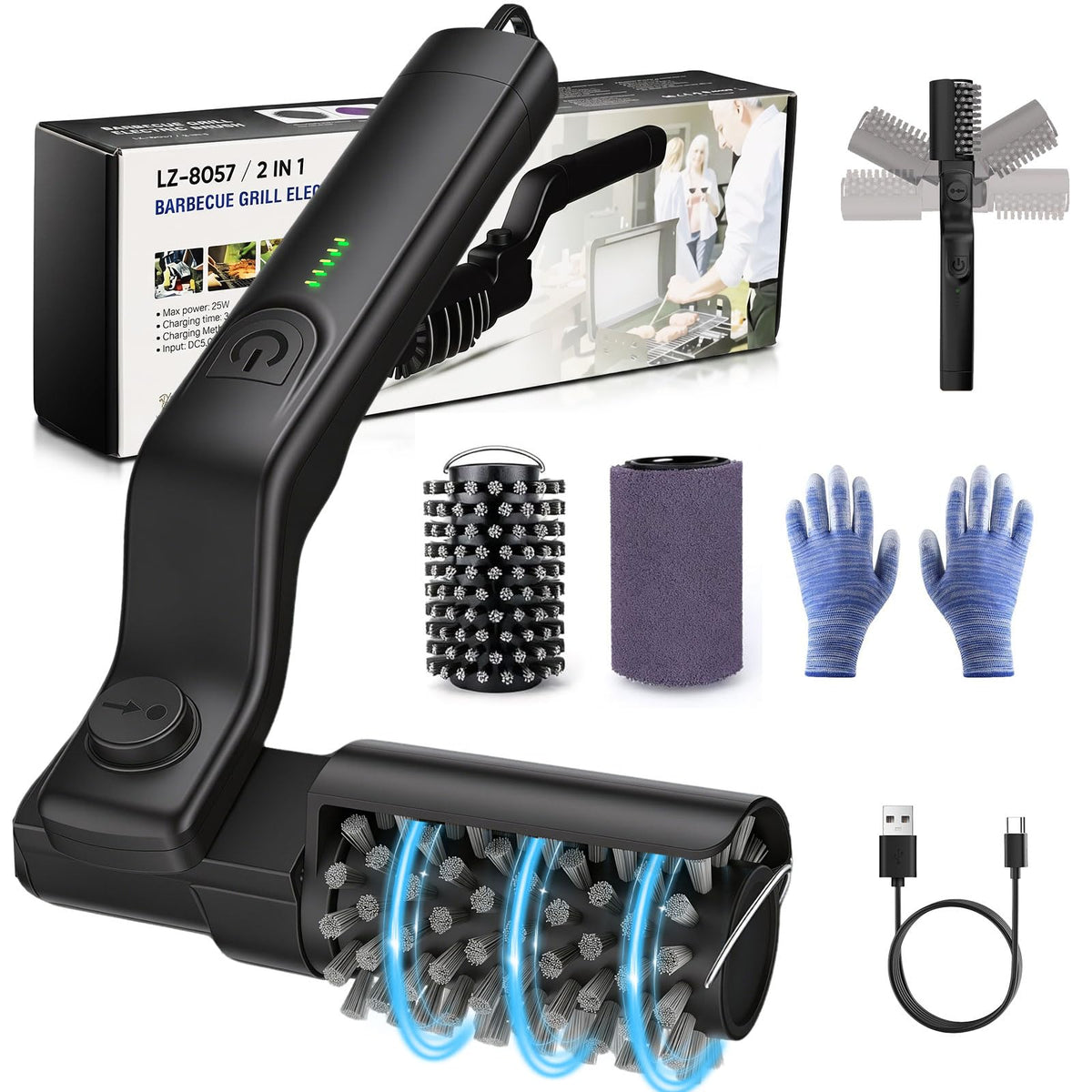 AVVKED electric grill brush in front view showing quick outdoor grill cleaning