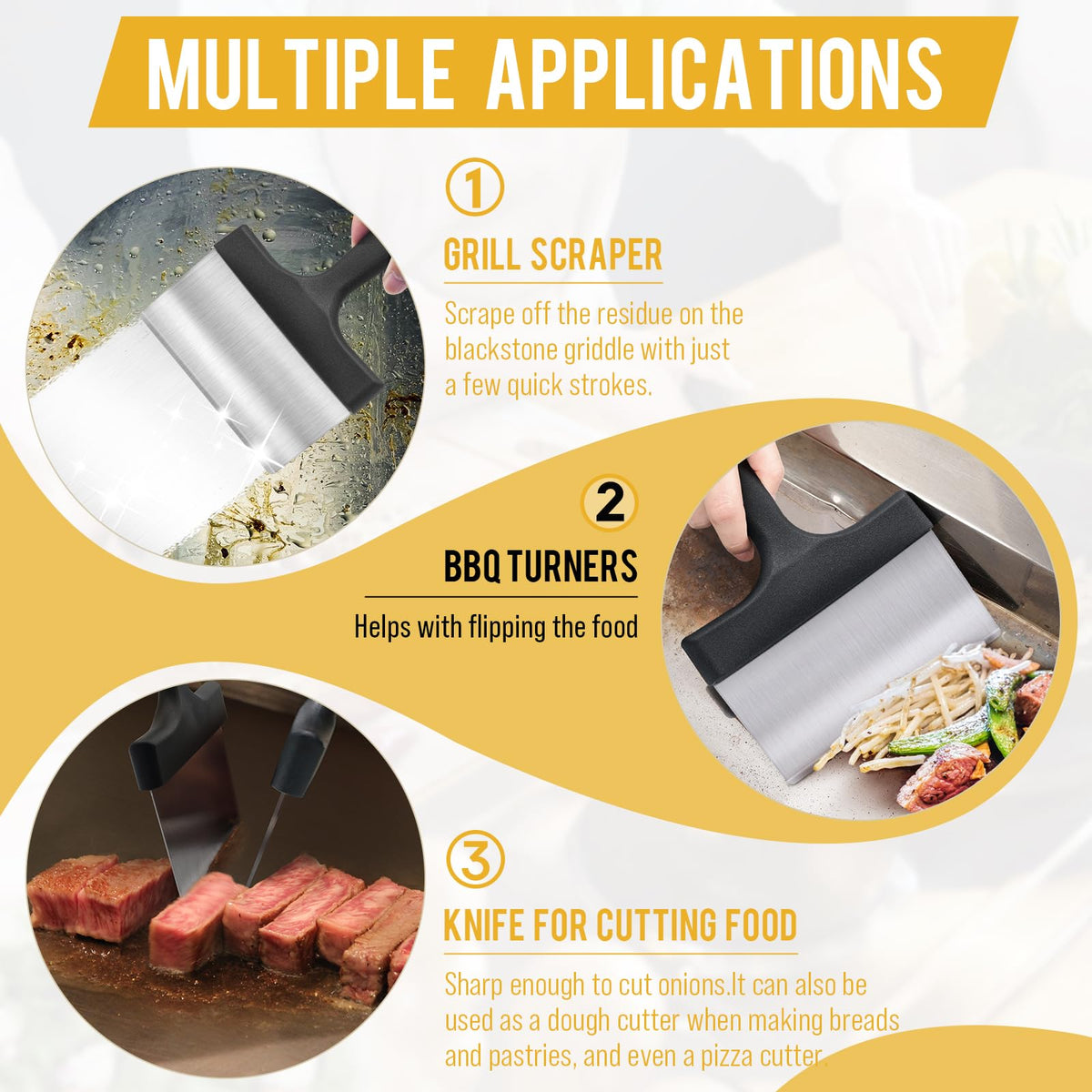AWEASROY Blackstone griddle scraper showing a wide, sharp blade for residue removal