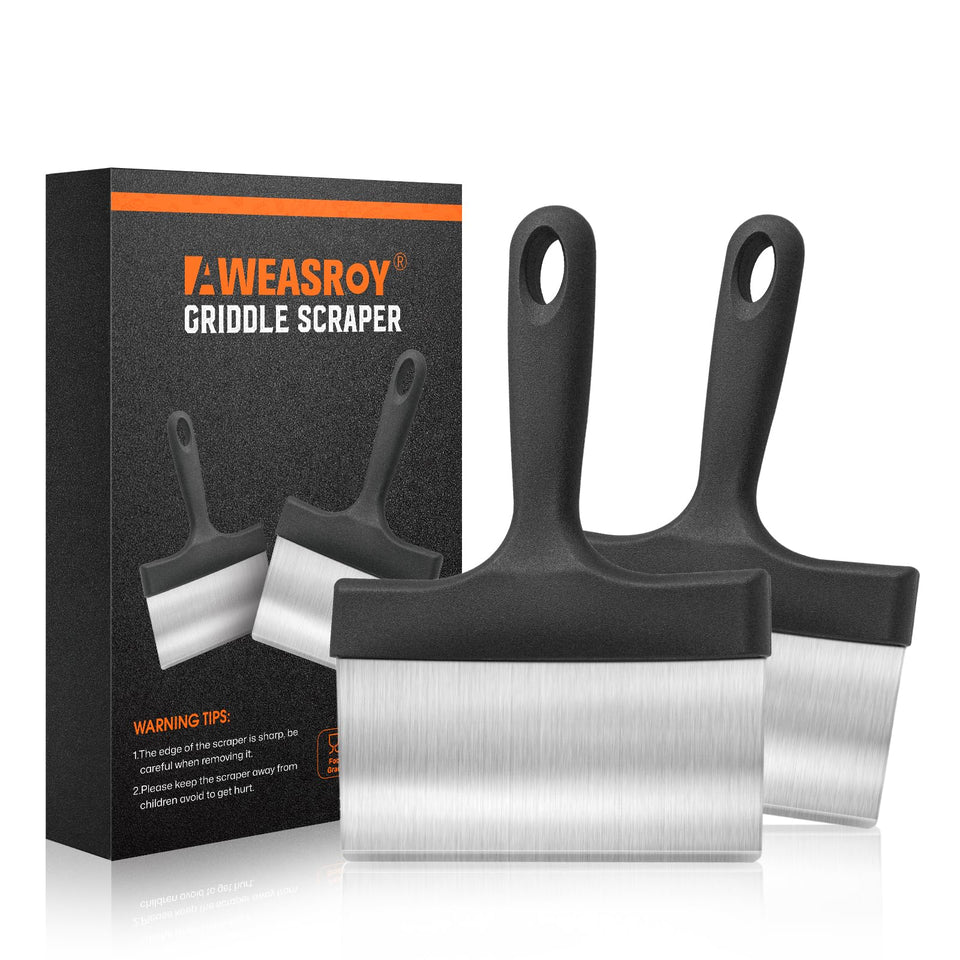 AWEASROY heavy-duty grill scraper with a 5-inch handle for tough griddle cleaning